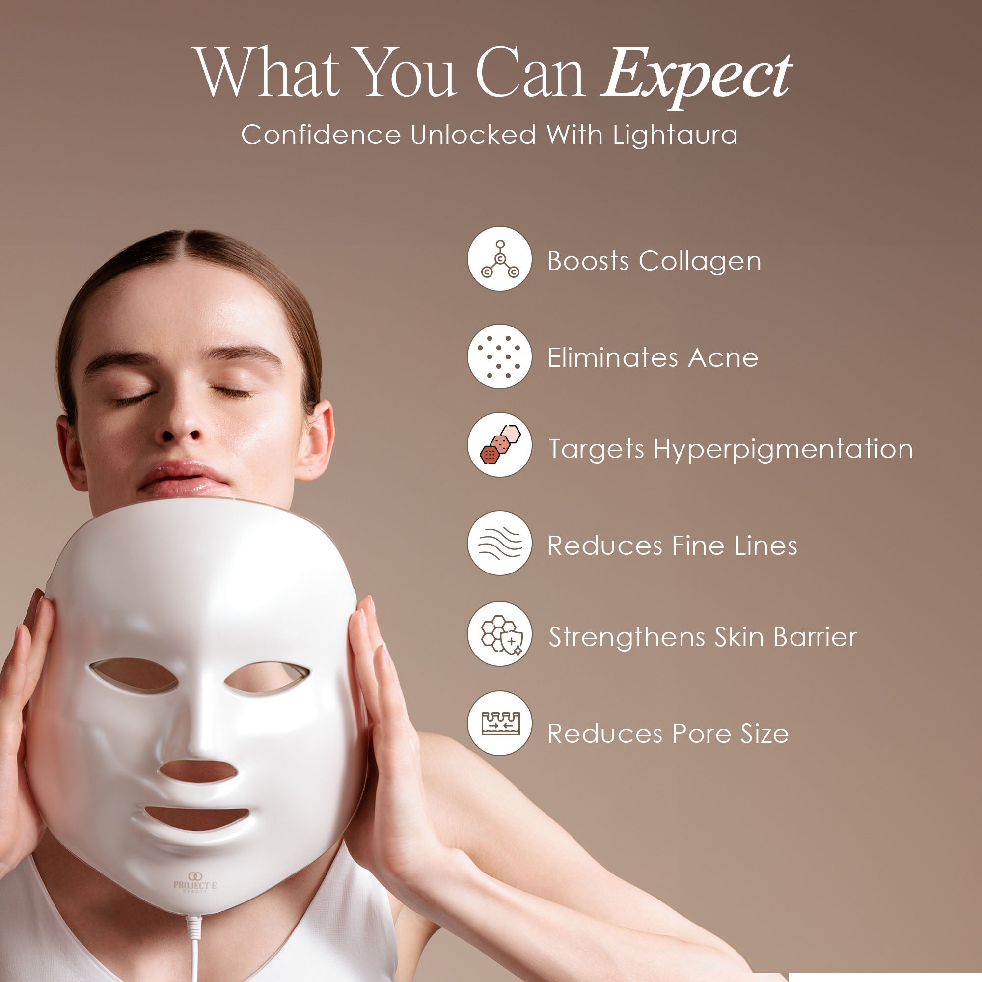 LightAura LED face mask listing LED light therapy benefits such as boosting collagen and eliminating acne