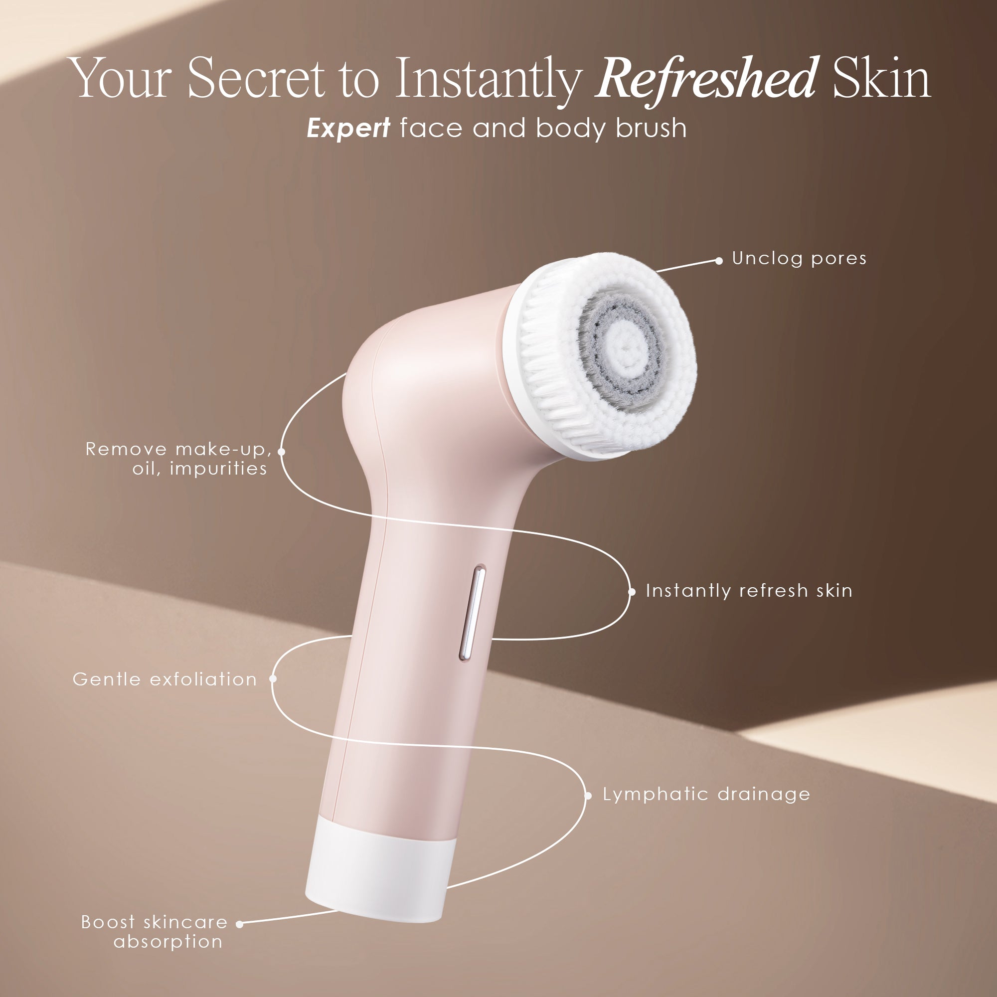 Gloa face and body cleansing brush listing electric-powered cleansing benefits such as unclogging of pores